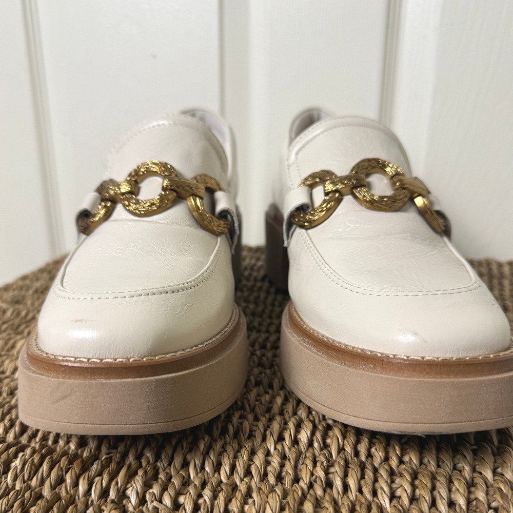 Dolce Vita Platform Loafers Womens 9.5 Ivory Leather Gold Chain Chunky Heel Lug - Picture 8 of 9